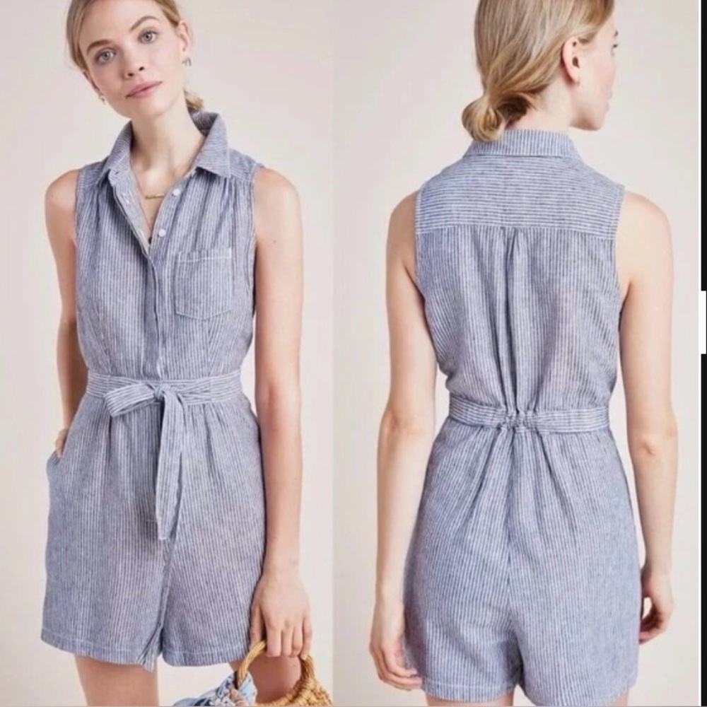 Anthropologie Striped Belted Romper Blue White Sleeveless Collared Size 8